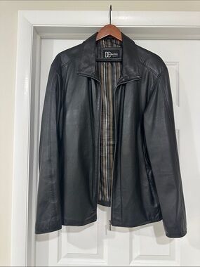 Canadian Black Leather Bomber Jacket with Striped Lining